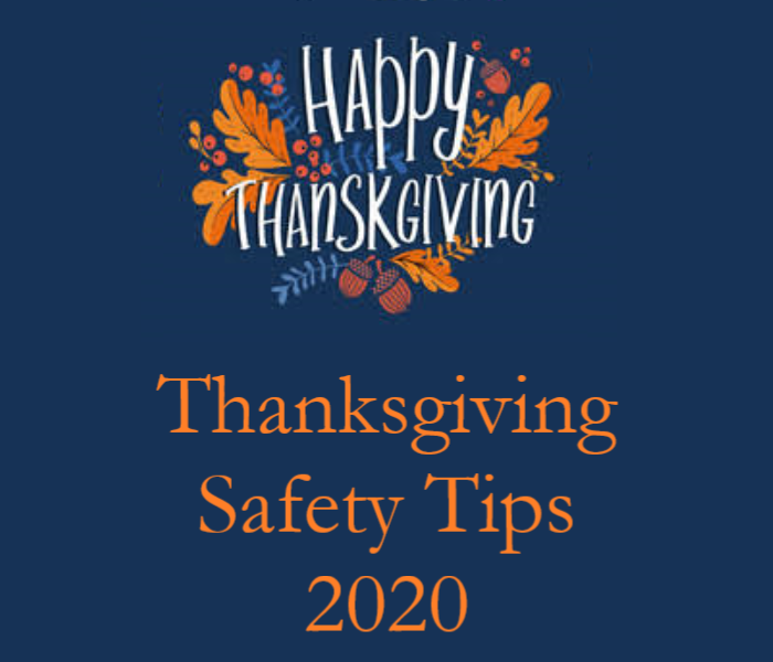 Happy Thanksgiving with vibrant leaves and blue background and text that reads Thanksgiving Safety Tips 2020